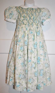 PERVENCHE Smocked Hand Embroidered Blue Green Floral Puff Sleeve Dress size 5T - Picture 1 of 6