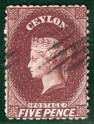 CEYLON QV PENCE ISSUE Classic SG.53x 5d Red-Brown (1863)CLEAR PROFILE c£85+SBB44 - Image 1 of 4