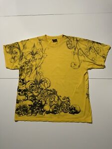Vintage Y2K Hybrid Tees Skulls Fleur De Lis Yellow AOP Grunge Punk T-Shirt Sz.XL
