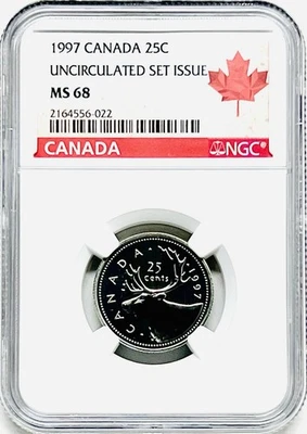 1997 CANADA 25 CENT UNC. QUARTER DOLLAR NGC MS68 MAPLE LEAF RED LABEL *POP-11 - Image 1 of 3