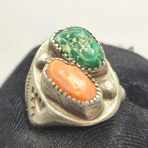 Vintage Navajo Damele Türkis Ring signiert FL Jr N Koralle Sterlingsilber 925 Gr. 9,5 - Bild 1 von 10