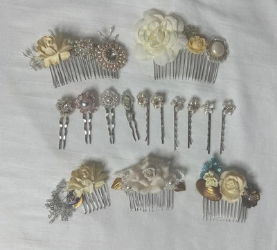 Lote de 15 pentes feitos à mão para joias de cabelo flores de cerâmica de casamento de formatura brilhante - Imagem 1 de 4