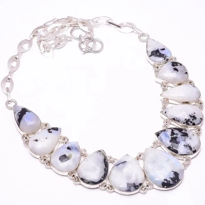 Rainbow Moonstone With Black Tourmaline 925 Sterling Silver Necklace 18-20" N5 - Image 1 of 4