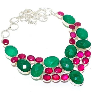 Emerald(Simulated), Ruby Gemstone 925 Sterling Silver Jewelry Necklace 18" - Picture 1 of 1