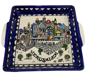 Plato de cerámica armenio de Jerusalén cuadrado azul pintado a mano bandeja con asas - Imagen 1 de 2