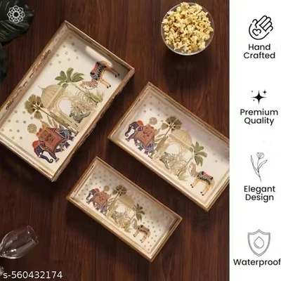 handmade Wooden Serving Tray with Gold Engraving | Set of 3 Trays | Royal Set - Image 1 of 4