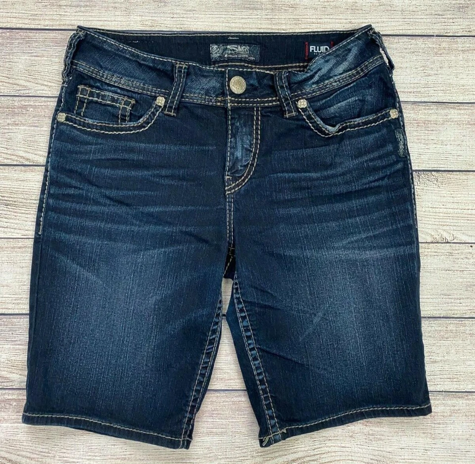 Pantalones Cortos Vaqueros Plateados Talla 29 Vaqueros Líquidos Bordados Lavado Oscuro G63 Foto 1 de 4