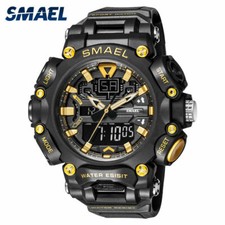 SMAEL Men Quartz Watch Big Dial Wristwatch Digital LED Light for Boys Stopwatch