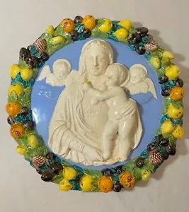 Antique Italian majolica Della Robbia glaze pottery religious Mary wall plaque - Picture 1 of 10