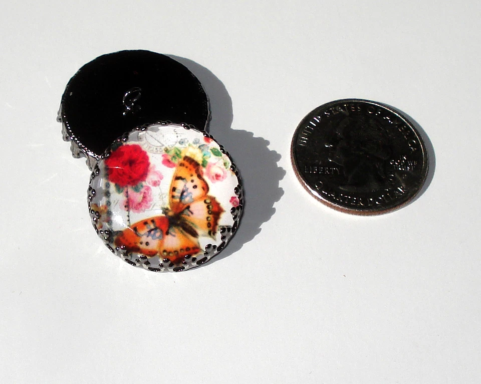 Butterfly Red Flower Glass Dome Button handcrafted collectible sew or pin shank - Image 1 of 1