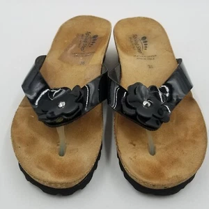 Spring Step Sandals Womens Size 6 Thong Cork Wedge Black Leather Flower Casual - Picture 1 of 12