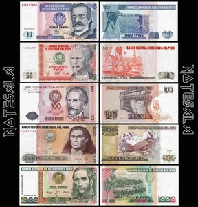 PERU SET 5 Pcs 10, 50, 100, 500 & 1000 INTIS 1987/1988 NEW-UNC - Imagen 1 de 1