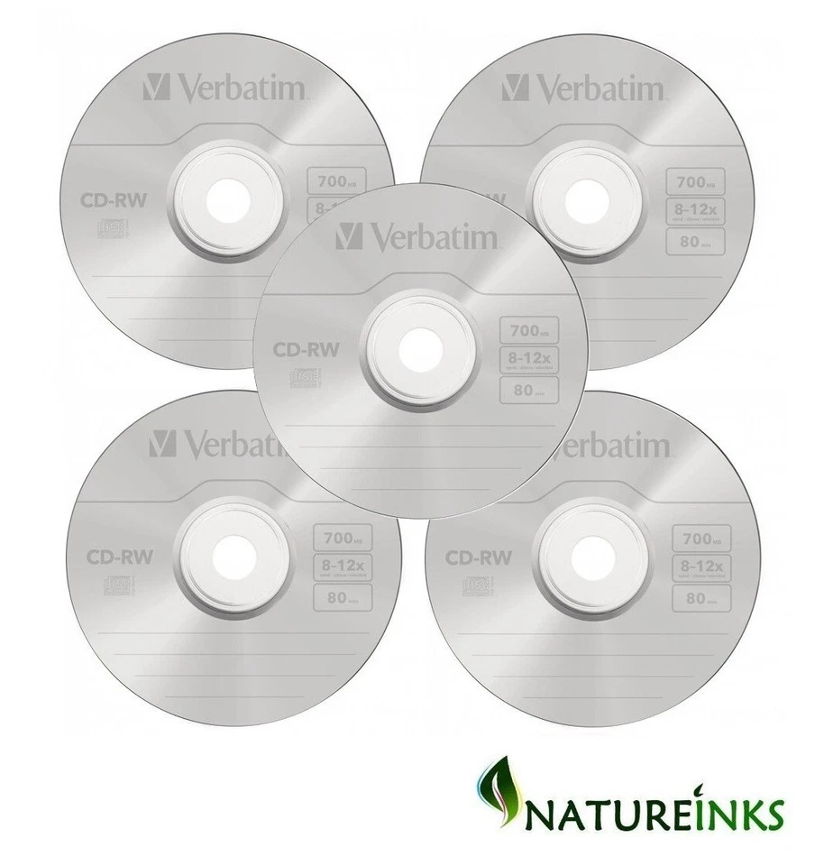 5 Verbatim CD-RW 1x - 12x Rewritable blank discs CD RW 700MB 80 mins in Sleeves - Image 1 of 1