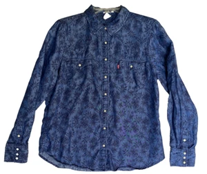 Levis Pearl Snap Shirt Womens Large Blue Floral Leaves Long Sleeve Button Up - Picture 1 of 17
