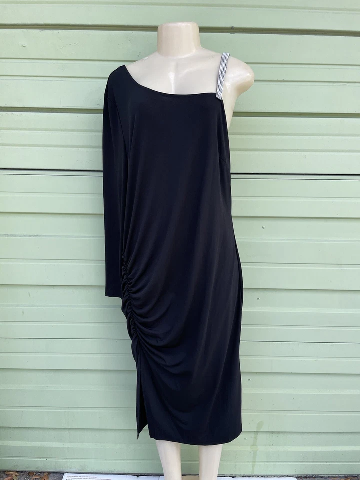 CAMEO Women Black one shoulder dress Rhinestones Midi Dress size 3X O920 - Image 1 of 4