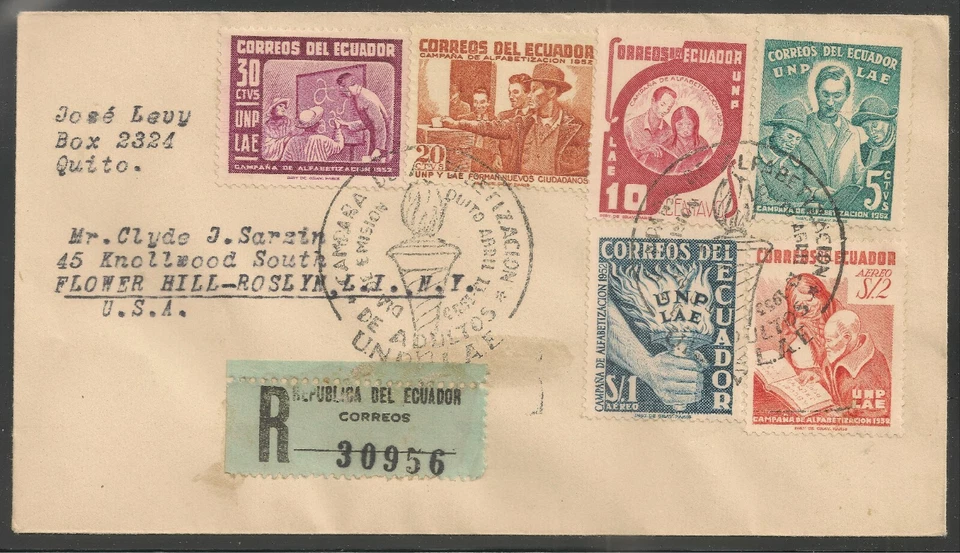 Ecuador #571-74, C240-41 FDC VF 1953 Literacy - To Clyde J. Sarzin, Stamp Dealer - Image 1 of 1