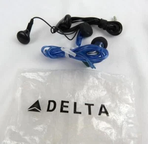 Delta Airlines Ear Earbuds Set of 2 Stereo Headphones Earphone One Black + Blue - Picture 1 of 3