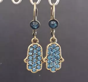 Michal Negrin Hamsa Earrings Sappier Blue Tone Crystals Hand of Fatima Evil Eye - Picture 1 of 12