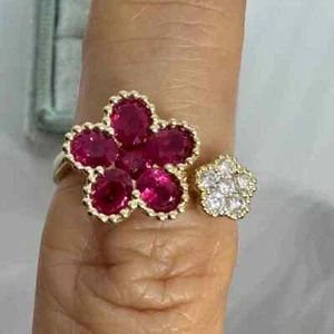 1Ct Pear Cut Lab-Created Red Ruby Flower Engagement Ring 14K Yellow Gold Plated - Picture 1 of 7