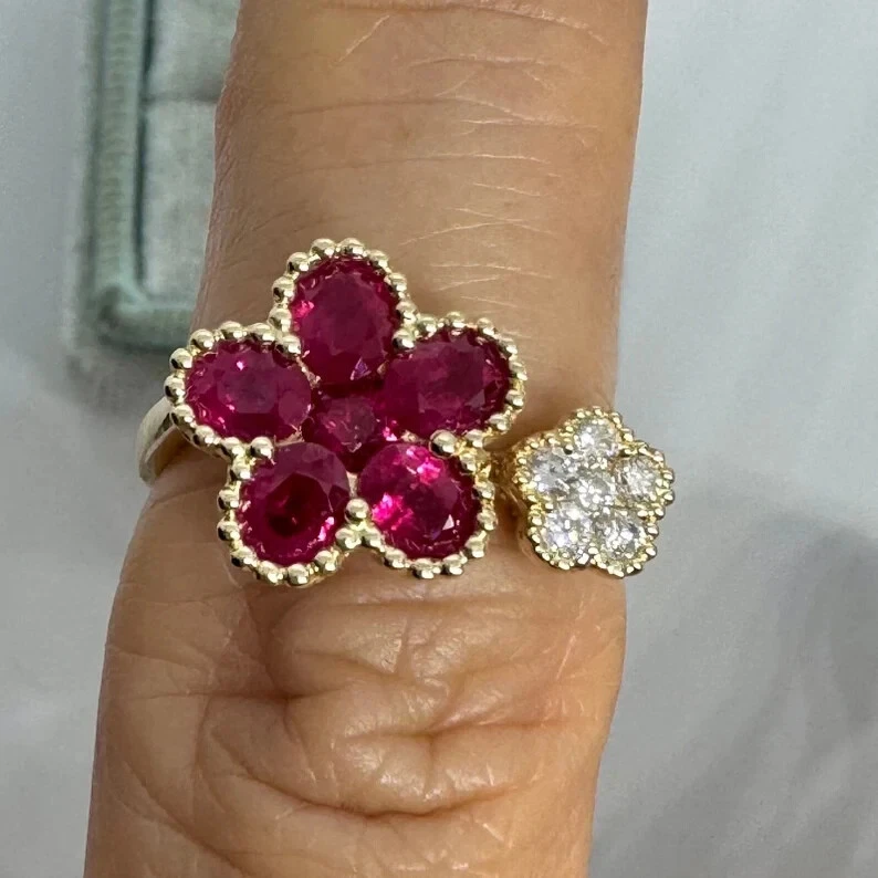 1Ct Pear Cut Lab-Created Red Ruby Flower Engagement Ring 14K Yellow Gold Plated - Image 1 of 4