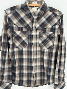 BKE Mens Distressed Western Plaid Button-Down Shirt Small 100% Cotton Blue/Brown - Picture 1 of 6