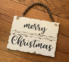 Wooden Merry Christmas Sign Beaded White Farm House Style Faded Line On Front