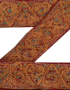 Sanskriti Vintage Sari Border Hand Embroidered Craft Trims 1 Yard Ribbon Maroon - Picture 1 of 6