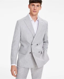 NWT TOMMY HILFIGER Modern Fit 100% Linen Light Gray Double-Breasted Blazer 38S - Picture 1 of 4