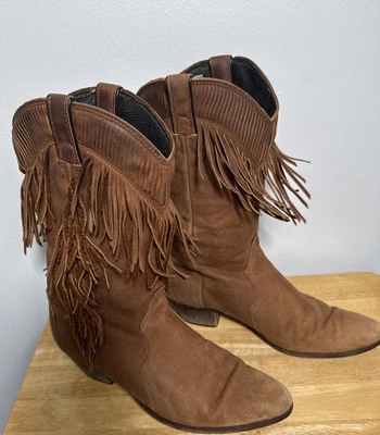 Botas de Vaquero Laredo Vintage Cuero Tostado/Marrón Flecos Damas 9.5 M Foto 1 de 4