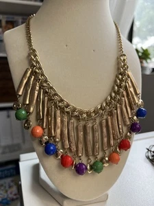 VTG Multicolor Acrylic Bead Dangling GOLDTONE Tube Bib Necklace - Picture 1 of 6