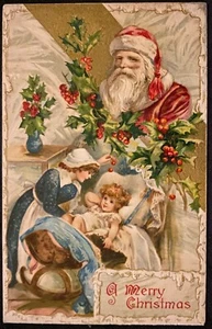 Mamma mette bambina a letto vigilia di Natale ~ Babbo Natale sorridente ~ cartolina di Natale - Foto 1 di 2