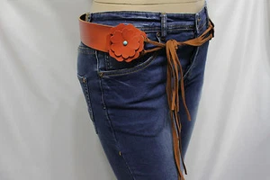 Women Fashion Bohemian Tie Belt Brown Faux Leather Blue Bead Flowers Size M L XL - Picture 1 of 12