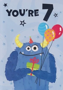 AGE SEVEN 7TH BOY BIRTHDAY GREETING CARD 7"X5" MONSTER WITH BALLOONS - Picture 1 of 2