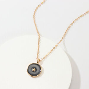 Women Long Simple Gold Oil Drop Black Stars Round Pendant Necklace Jewelry