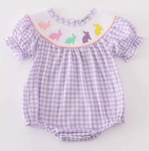 Girl's Boutique Purple Easter Bunny Smocked Embroidered Embroidery Bubble Romper - Picture 1 of 7