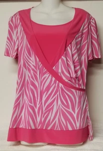 Zora Fashion XL X-Large Pink Blouse Shirt Leaves Stripes Crossover Side Slits - Picture 1 of 3