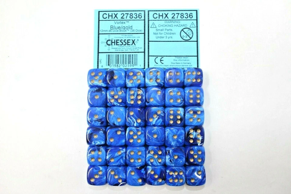 Chessex Dice 12mm D6 (36 Dice) Vortex Blue / Gold  CHX27836 - Image 1 of 1