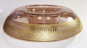 Vintage Art Deco gewalztes rosa Depressionsglas 14" Kompott mit verkrustetem Goldrand - Bild 1 von 11