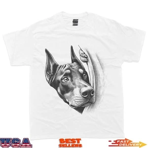 Doberman Pinscher Peeking Dog Dobie Design Men Women T-Shirt - Picture 1 of 3