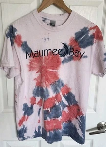 Lake Erie Maumee Bay Ohio T Shirt MEDIUM Pink Tie Dyed Blue Red Gildan EUC - Picture 1 of 9