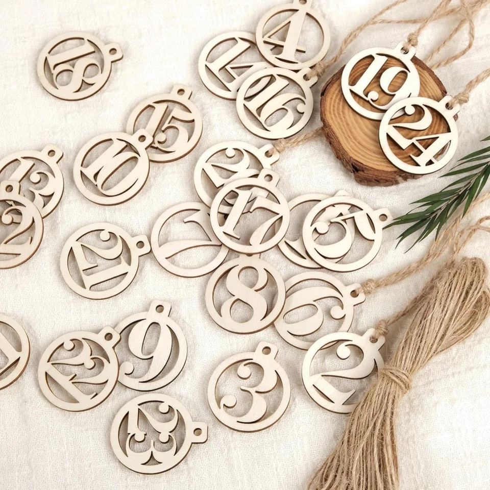 Holz Zahlen Adventskalender 1-24 runde Anhänger DIY Weihnachten Dekoration - Bild 1 von 1