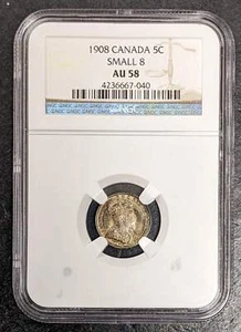 1908 Canada Silver Edward VII 5 Cent Small 8 Toned NGC AU 58 - Picture 1 of 5
