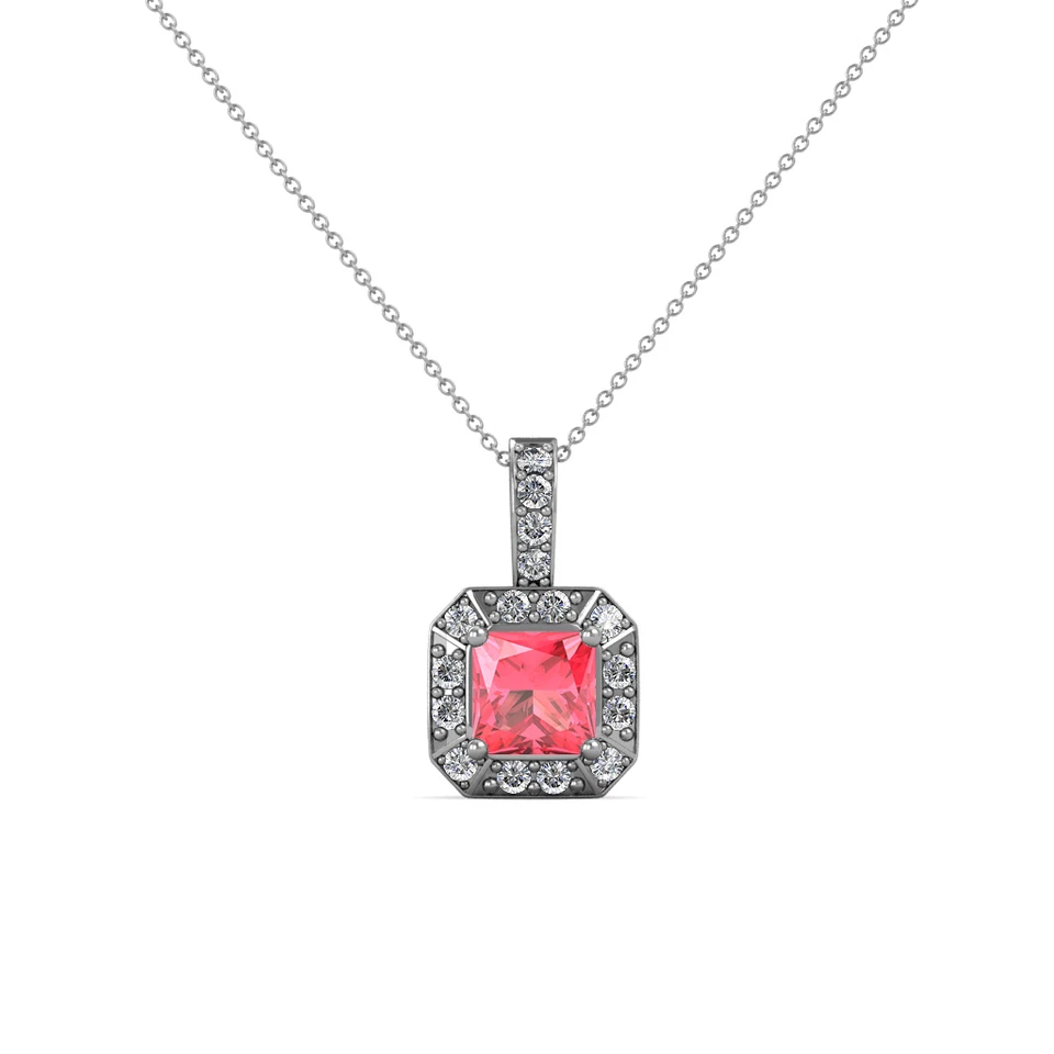 Princess Pink Tourmaline Diamond Women Halo Pendant 14K Gold. 18" Chain JP:77627 - Image 1 of 1