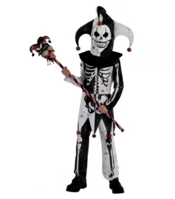 Страшный угрожающий Шут цирка клоун костюм скелет ребенка Хэллоуин костюм L 12-14 - Изображение 1 из 4