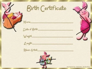 PIGLET STYLE  BIRTH CERTIFICATE/CERTIFICATES REBORN FAKE BABY approx 7x5" - Picture 1 of 5