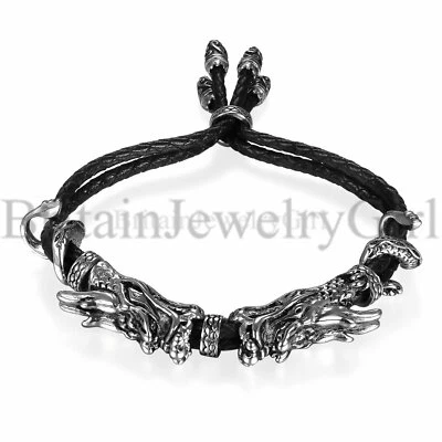 Pulseira masculina cabeça de dragão dupla trançada de couro genuíno punk aço inoxidável - Imagem 1 de 4