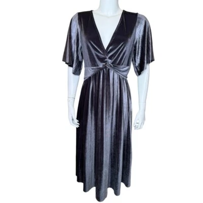 Asos 女式天鹅绒迷笛连衣裙 6 扭转丝绒 V 领飘动袖褶饰灰色 — 第 1/4 张图片