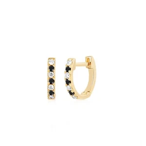 Natural Black & White Diamond Mini Huggie Earrings 14k Yellow Gold Jewelry Gift - Picture 1 of 5