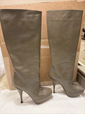 Marni Knee High Square Toe NO ZIP Knee Stiletto Boots Grey Leather 38.5 Fits 8 - Image 1 of 4