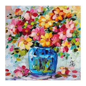 Original Ölgemälde Zinnien bunte Blumen Kunstwerk Floral Wandbild 8*8 Zoll - Bild 1 von 13